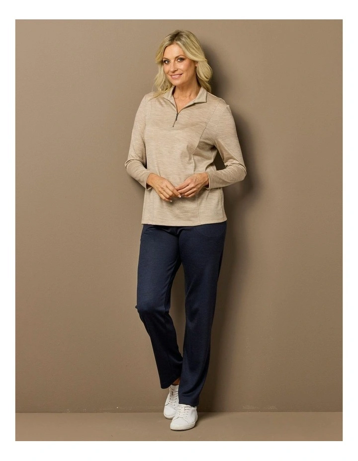 Hedrena Zip Polo Long Sleeve Top in Beige image 6