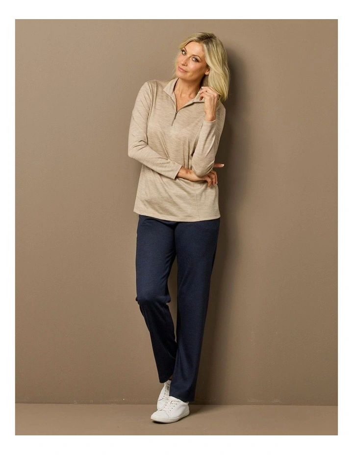 Hedrena Zip Polo Long Sleeve Top in Beige image 7