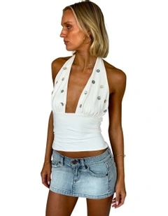 Nicky Button Halter Neck Top in White