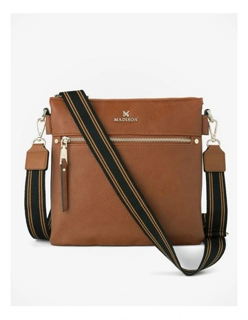 Renee Zip Top 2 Compartment Crossbody Bag + Stripe Strap in Brown