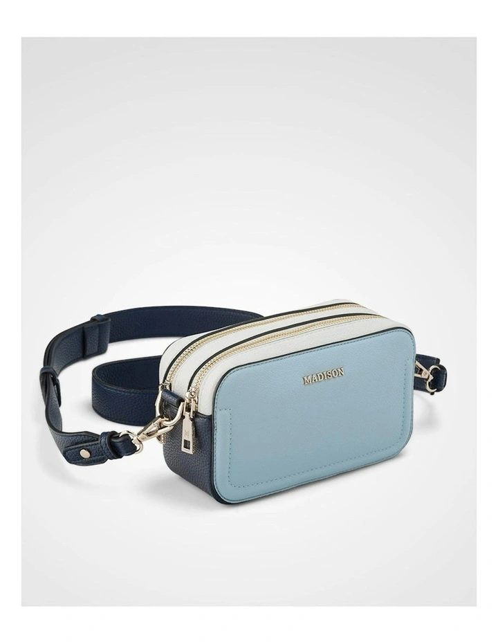 Maddie Double Zip Camera Crossbody Bag With Wide Strap in Blue image 4