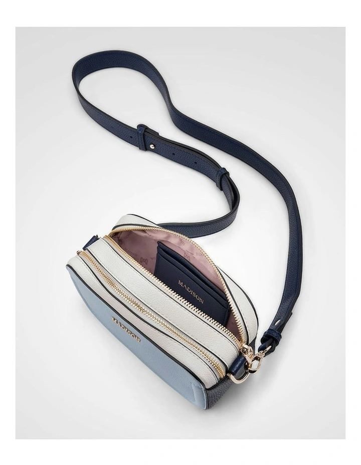 Maddie Double Zip Camera Crossbody Bag With Wide Strap in Blue image 5