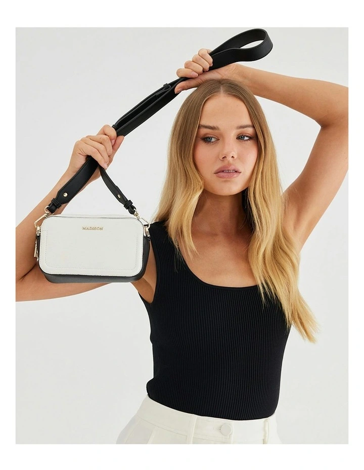 Maddie Double Zip Camera Crossbody Bag With Wide Strap in White image 2