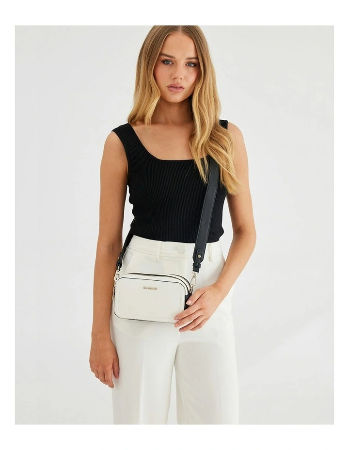 Maddie Double Zip Camera Crossbody Bag With Wide Strap in White image 5