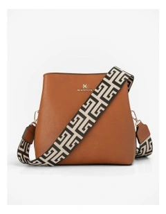 Joanie 3 Compartment Crossbody Bucket Bag + Graphic Bag Strap in Light Tan