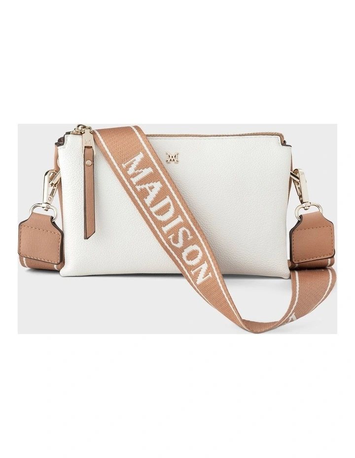 Josie Small 3 Compartment Crossbody Bag With Monogram Strap in White image 1