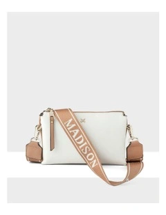 Josie Small 3 Compartment Crossbody Bag With Monogram Strap in White