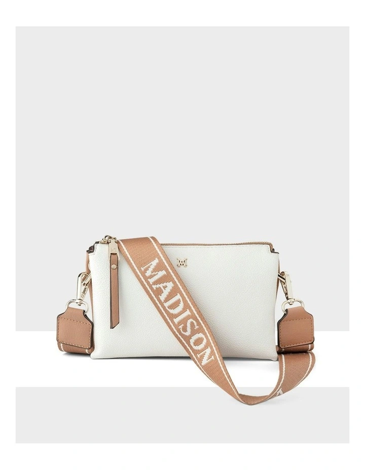 Josie Small 3 Compartment Crossbody Bag With Monogram Strap in White image 1