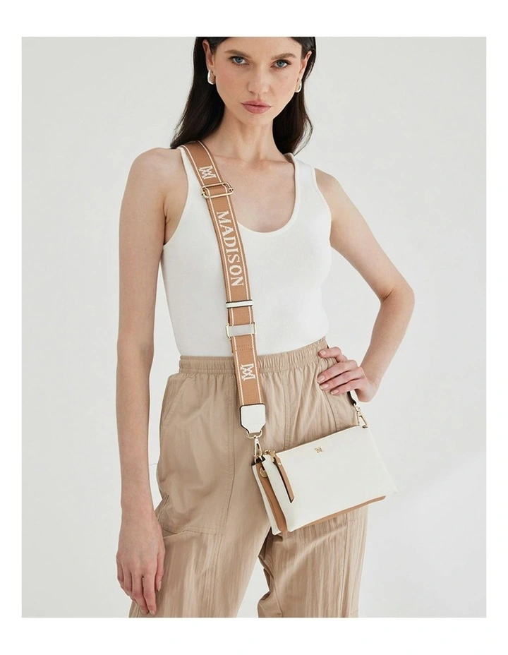 Josie Small 3 Compartment Crossbody Bag With Monogram Strap in White image 2
