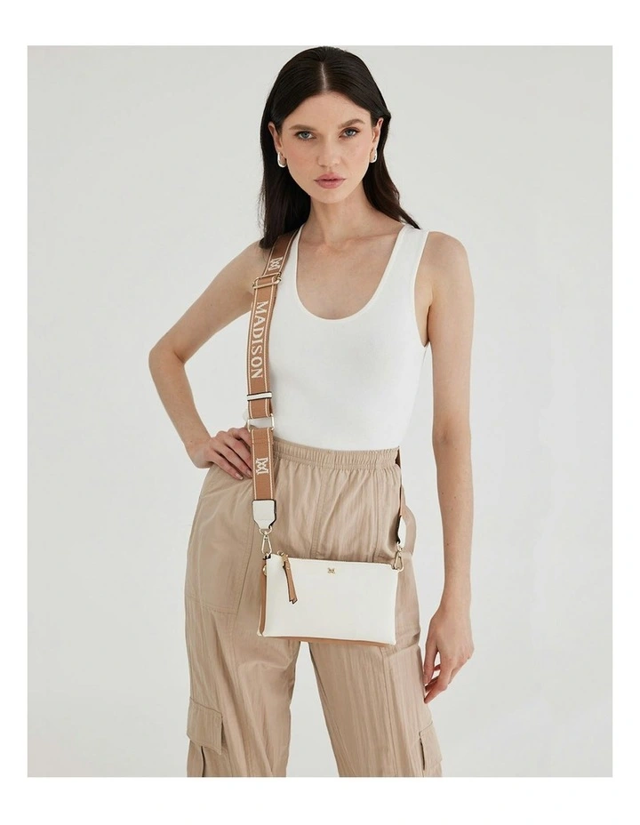 Josie Small 3 Compartment Crossbody Bag With Monogram Strap in White image 3