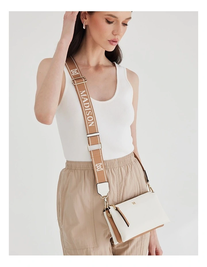 Josie Small 3 Compartment Crossbody Bag With Monogram Strap in White image 4
