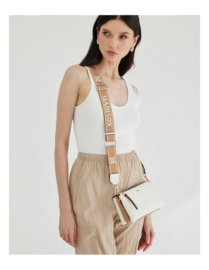 Josie Small 3 Compartment Crossbody Bag With Monogram Strap in White image 5