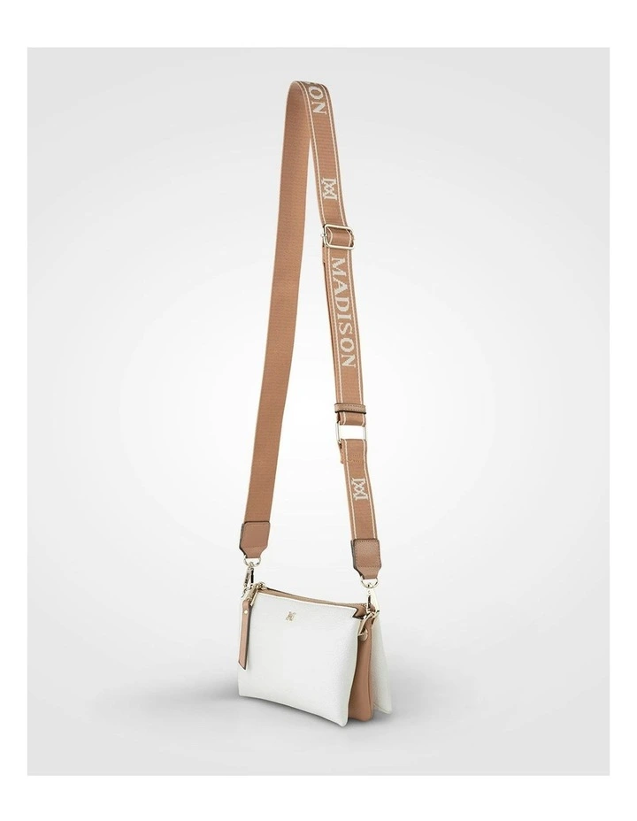 Josie Small 3 Compartment Crossbody Bag With Monogram Strap in White image 6
