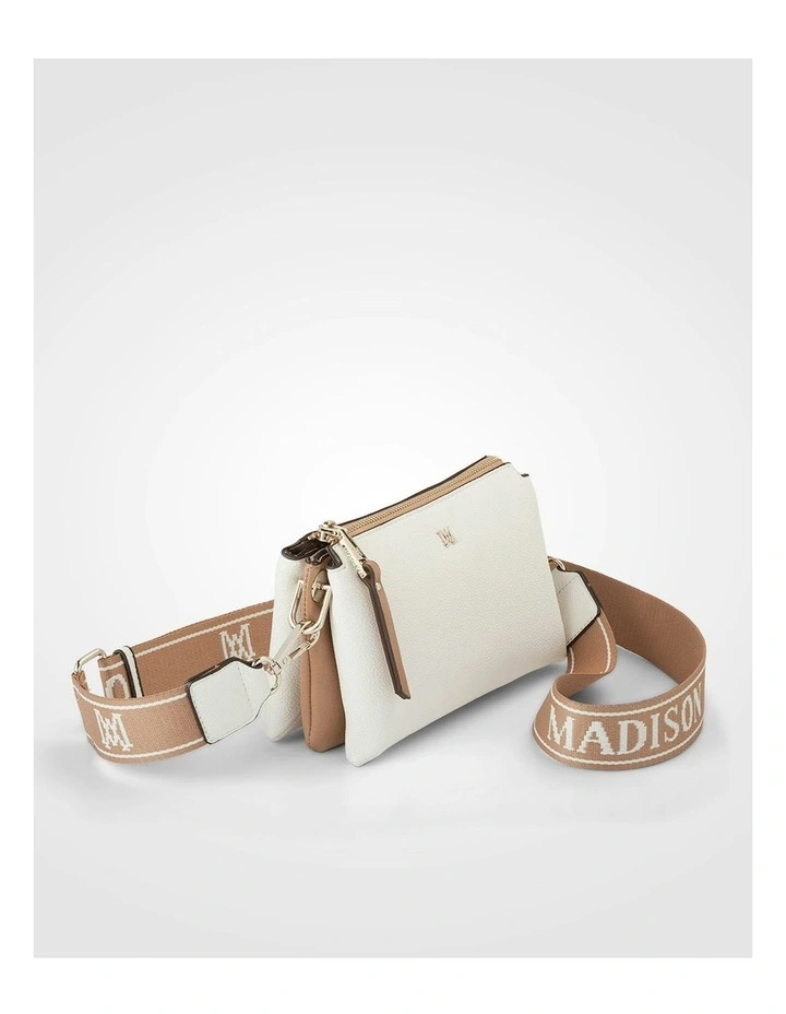 Josie Small 3 Compartment Crossbody Bag With Monogram Strap in White image 7