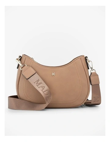Simone Crescent Zip Top Small Crossbody Bag in Beige