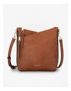 Maya Medium Double Angled Zip Sling Crossbody Bag in Brown