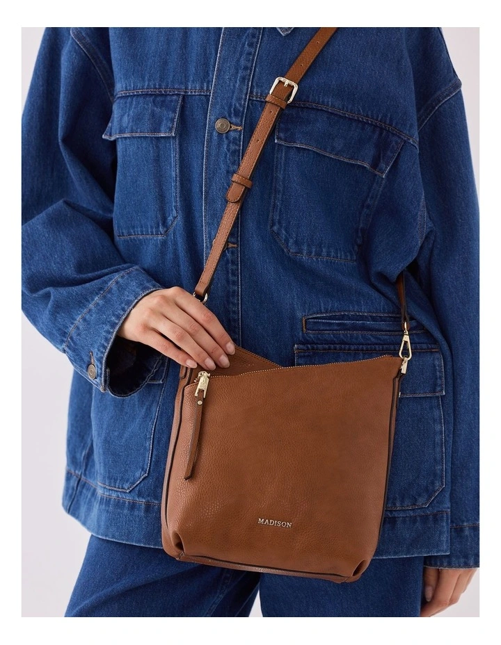 Maya Medium Double Angled Zip Sling Crossbody Bag in Brown image 3