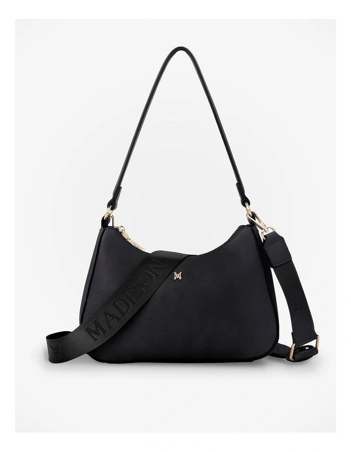 Jo Convertible Small Hobo Shoulder Bag with Monogram Crossbody Strap in Black image 1