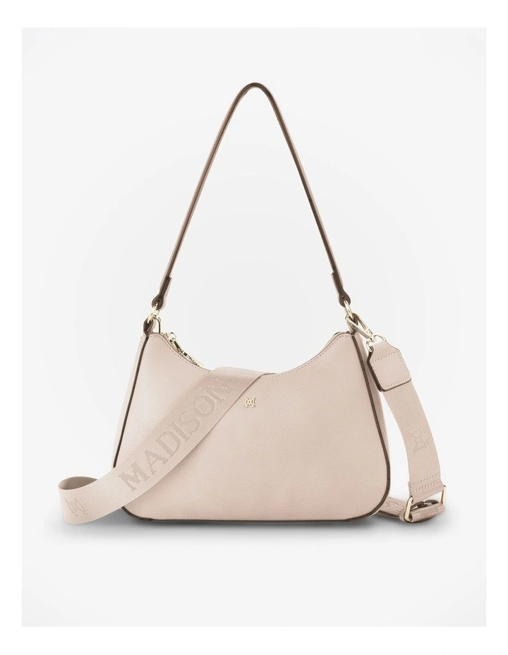 Jo Convertible Small Hobo Shoulder Bag with Monogram Crossbody Strap in Beige image 1