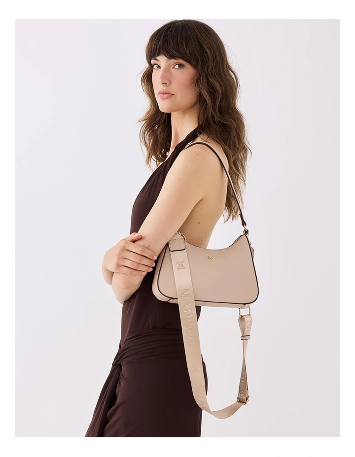 Jo Convertible Small Hobo Shoulder Bag with Monogram Crossbody Strap in Beige image 2