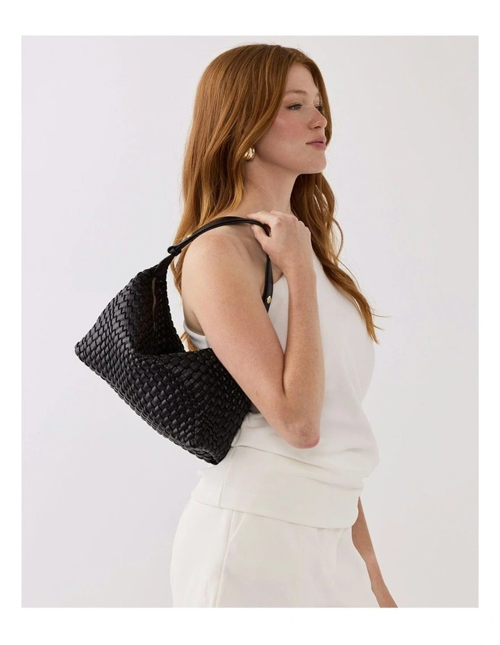 Logan Weave Zip Top Medium Hobo Shoulder Bag in Black image 2