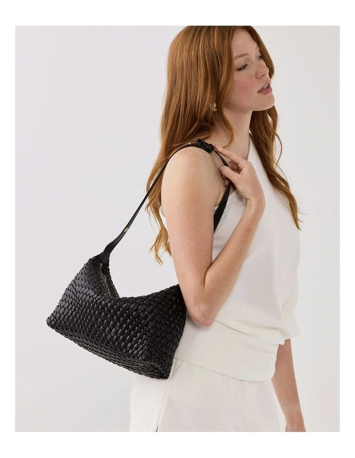 Logan Weave Zip Top Medium Hobo Shoulder Bag in Black image 3