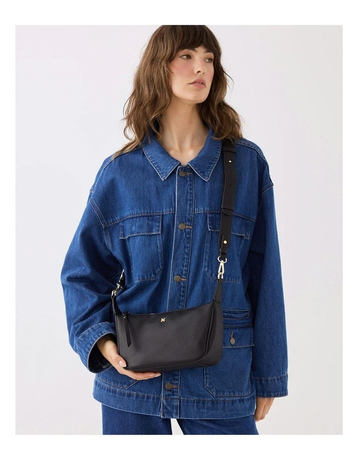 Ella Zip Top Crossbody Bag with Plait Zip Puller in Black image 2