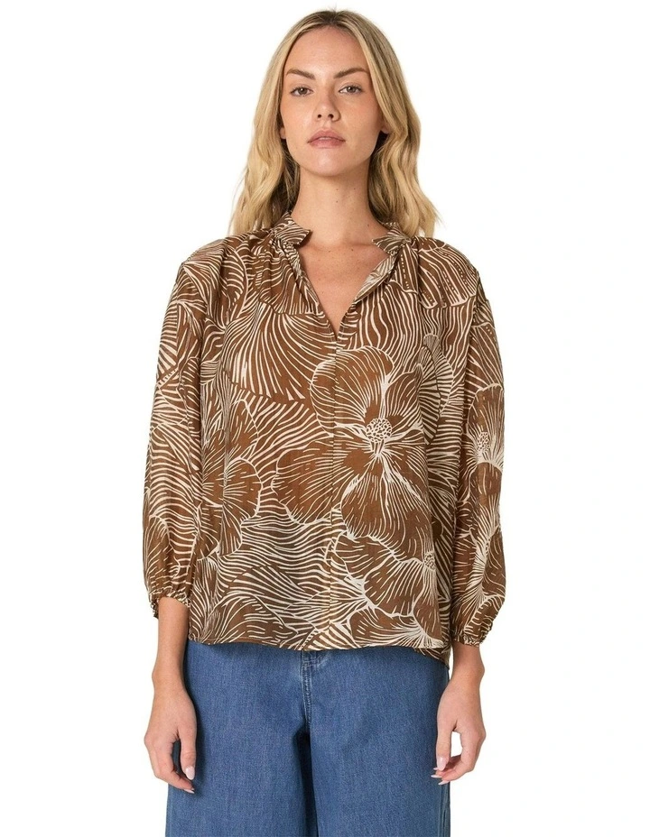 Tallulah Split Neck Blouse in Brown Petal Print image 1