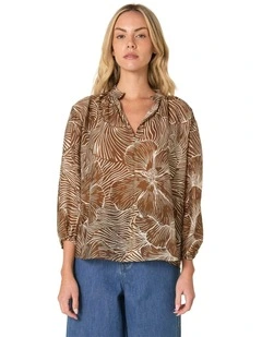 Tallulah Split Neck Blouse in Brown Petal Print