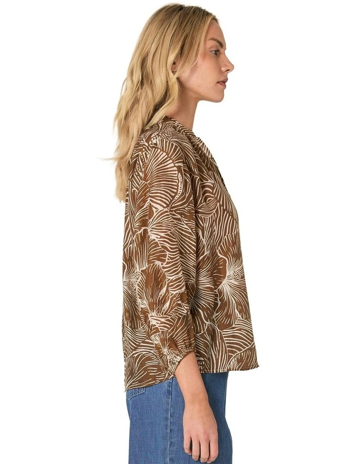 Tallulah Split Neck Blouse in Brown Petal Print image 3