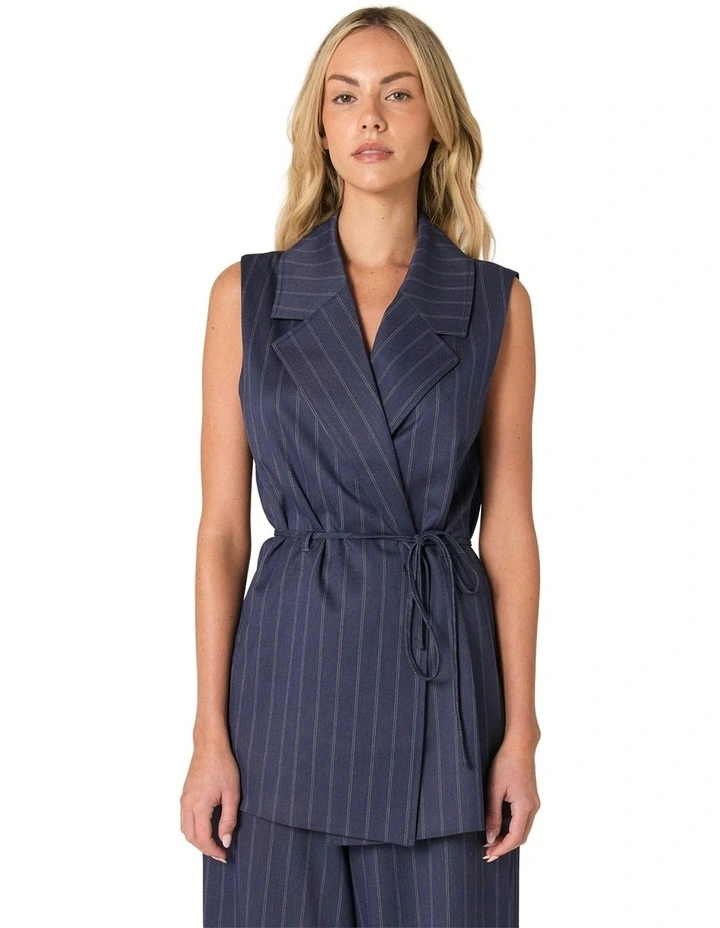 Zephyr Wrap Vest With Belt in Navy Pinstripe image 1