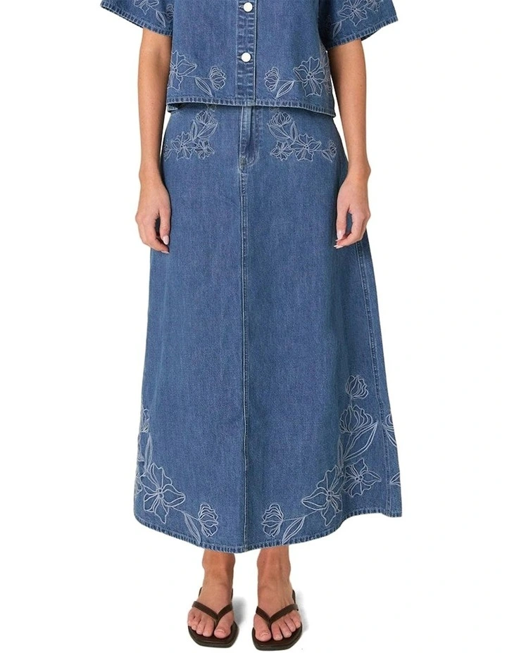 Sloane Embroidered Denim Skirt in Mid Blue image 1