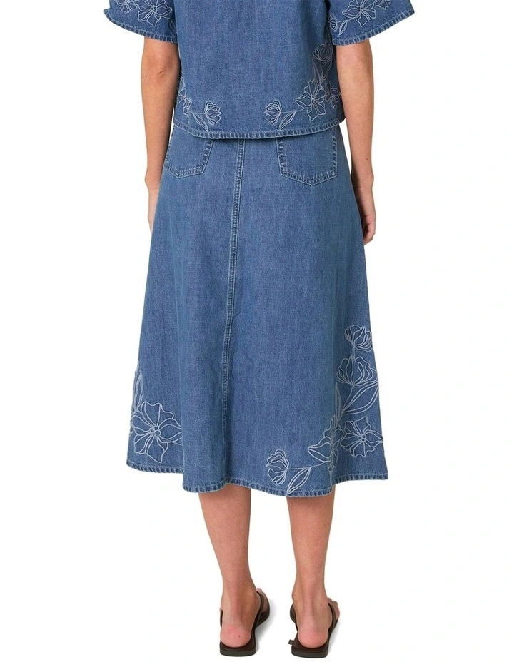 Sloane Embroidered Denim Skirt in Mid Blue image 2