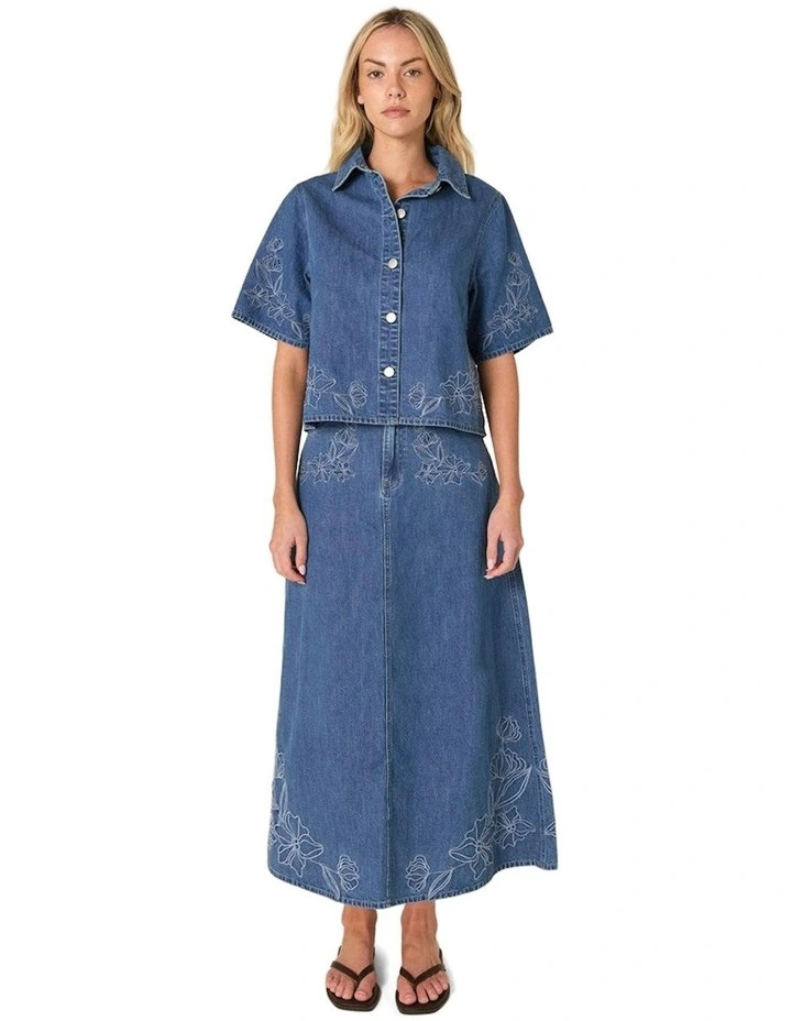 Sloane Embroidered Denim Skirt in Mid Blue image 4