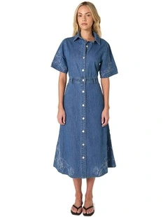 Sloane Embroidered Denim Dress in Mid Blue