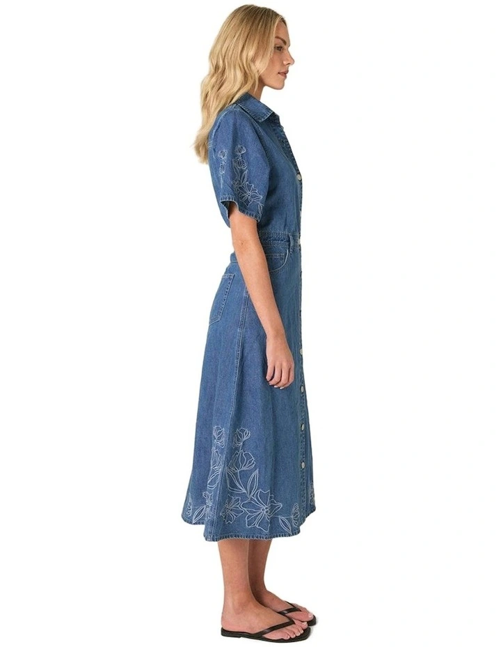 Sloane Embroidered Denim Dress in Mid Blue image 3