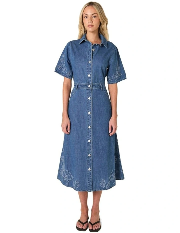 Sloane Embroidered Denim Dress in Mid Blue image 4