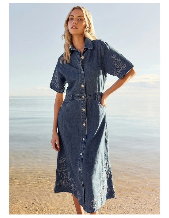 Sloane Embroidered Denim Dress in Mid Blue image 5