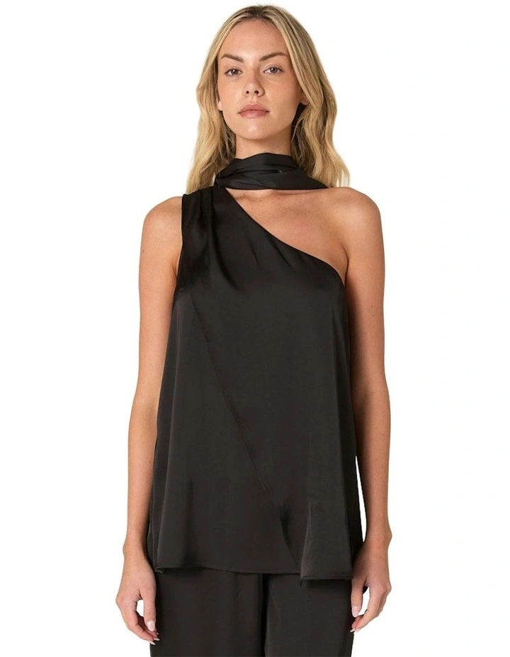 Dahlia Satin One Shoulder Top in Black image 1