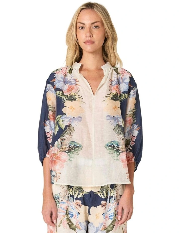 Solara Split Neck Blouse in Navy Print image 1