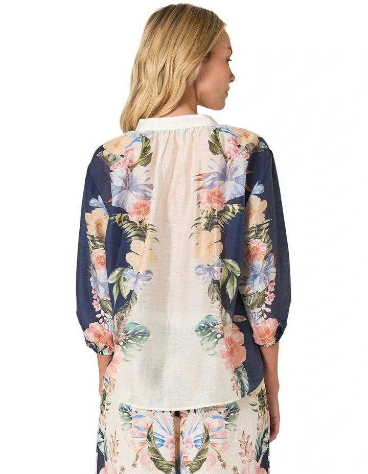 Solara Split Neck Blouse in Navy Print image 2