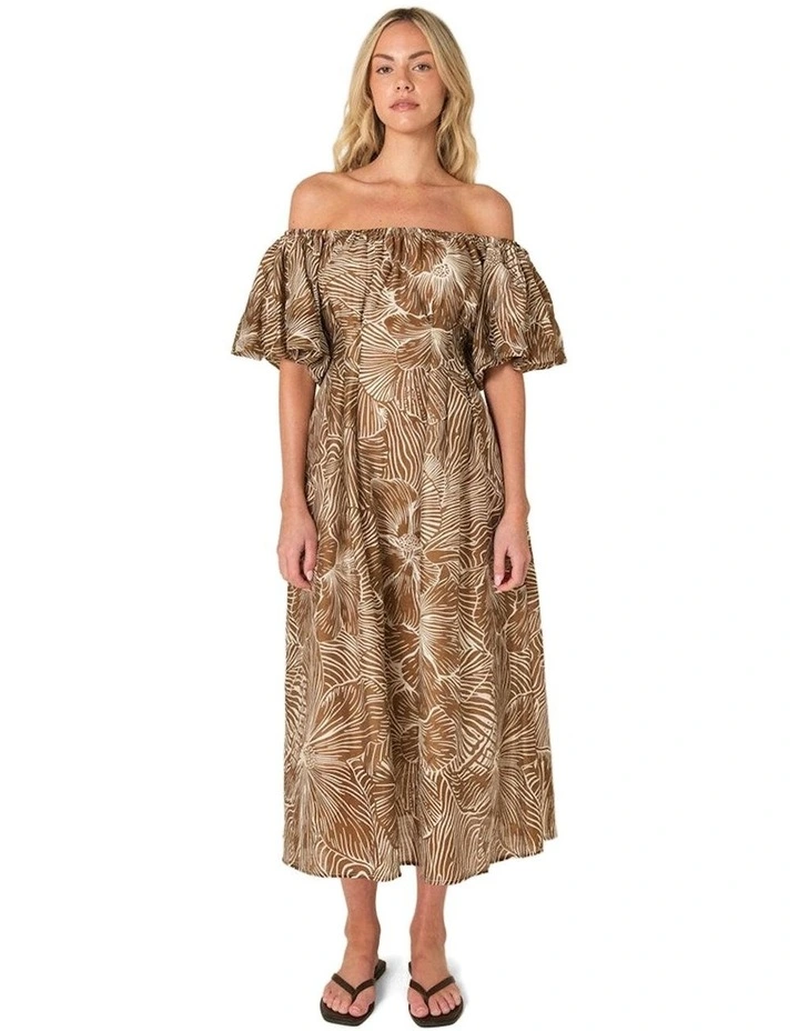 Tallulah Off-Shoulder Dress in Brown Petal Print image 1