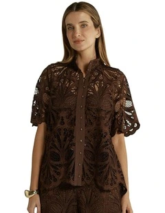 Elara Broderie Blouse in Chocolate