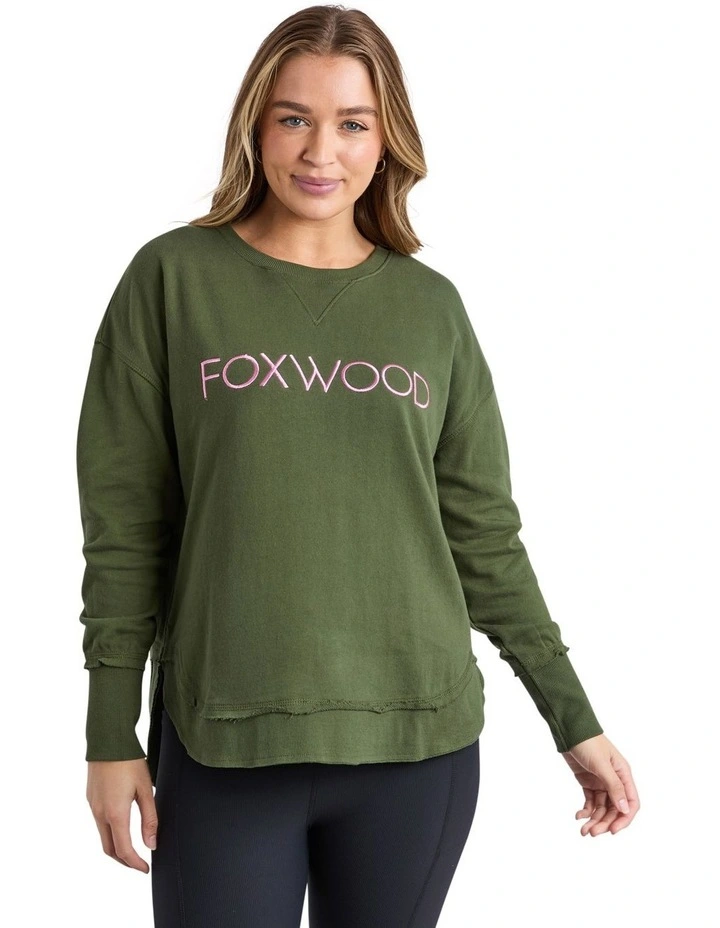 Simplified Metallic Crew Sweatshirt in Olive With Pink image 1