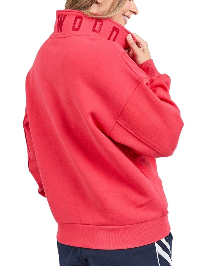 College Zip Crew Neck Jumper in Red image 2