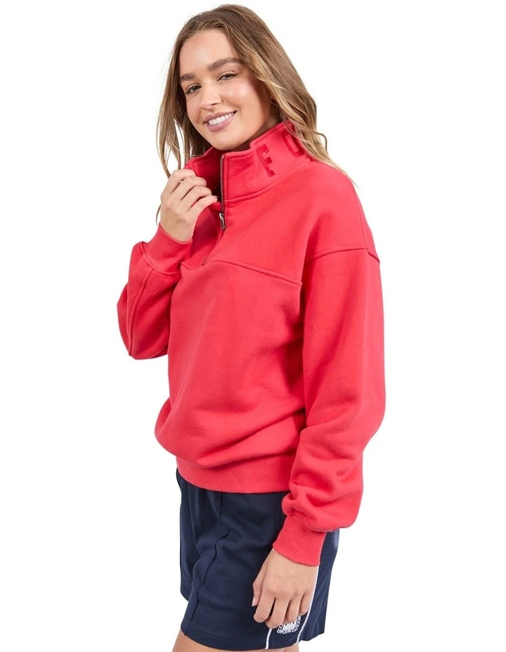 College Zip Crew Neck Jumper in Red image 4