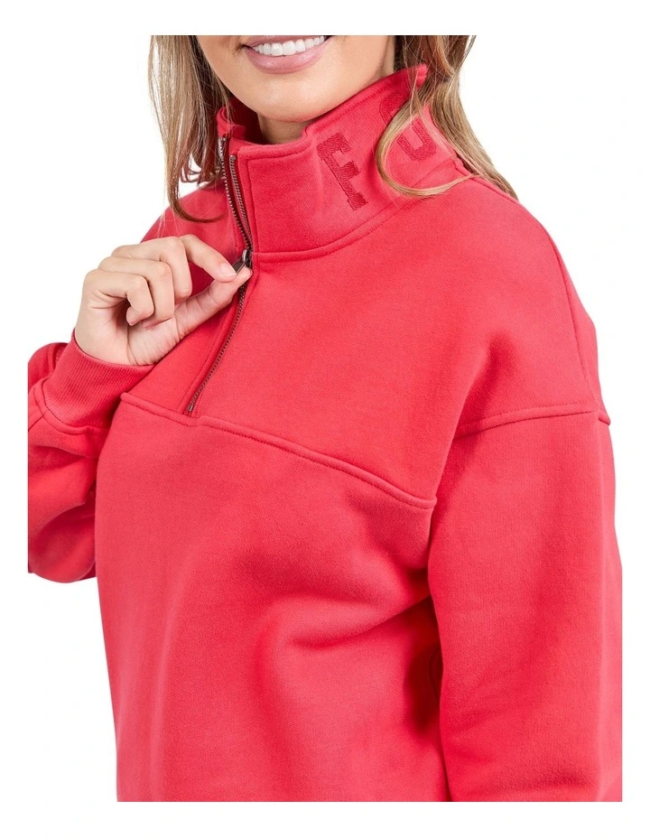 College Zip Crew Neck Jumper in Red image 5