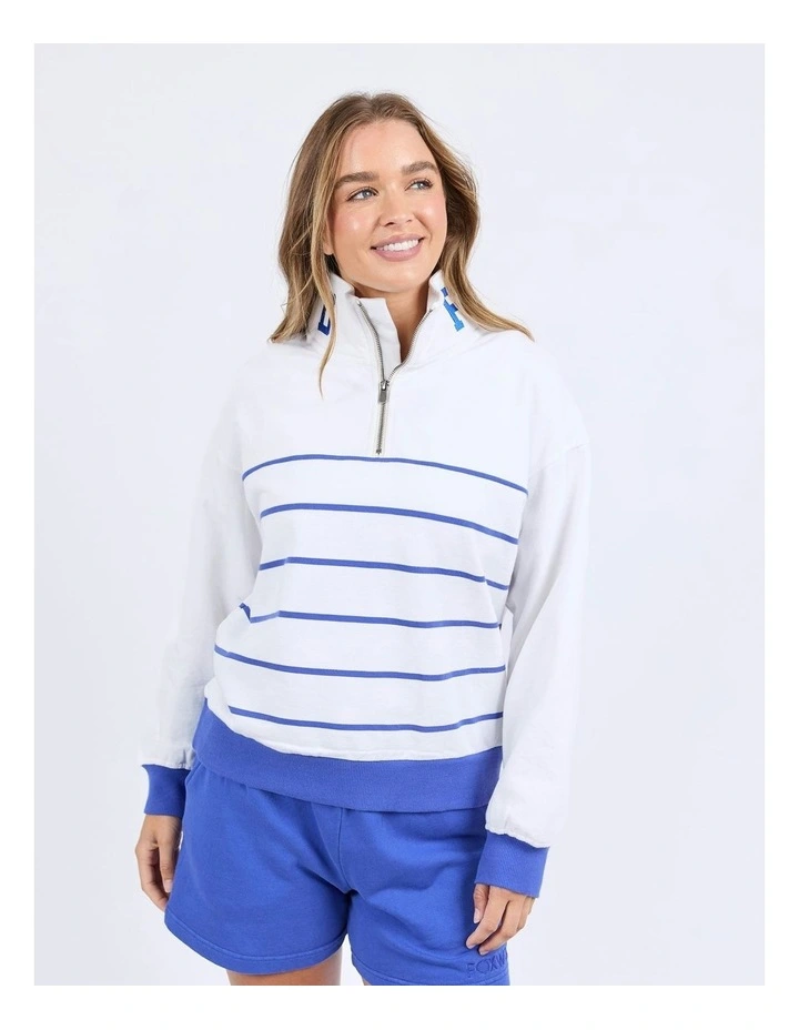 College Stripe Zip Crew Jumper in White image 1