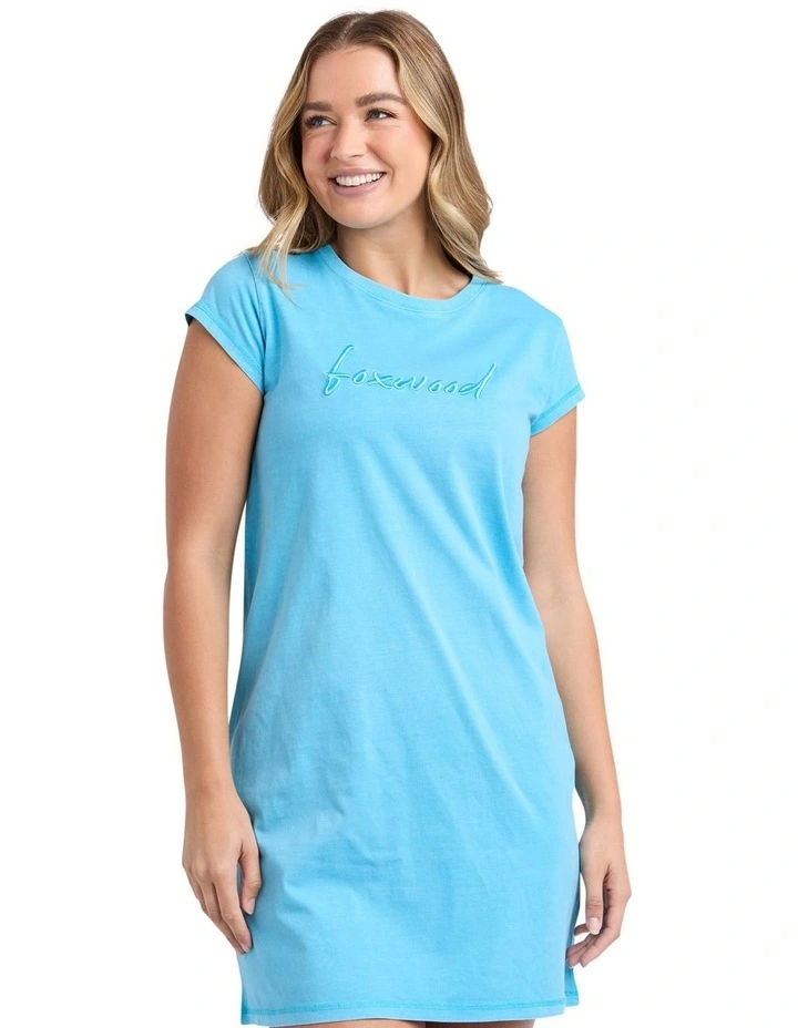 Signature Embroidery Tee Dress in Azure Blue image 1