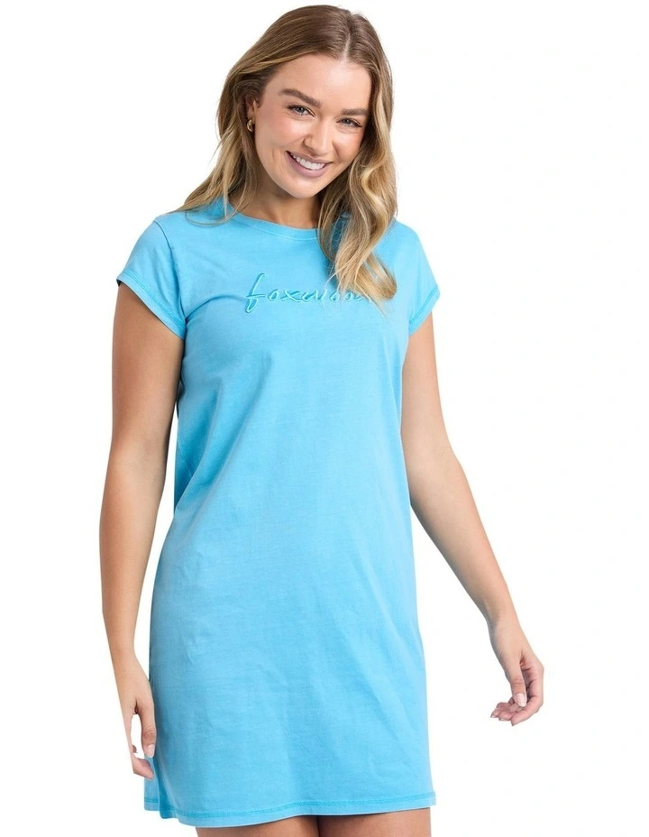 Signature Embroidery Tee Dress in Azure Blue image 4